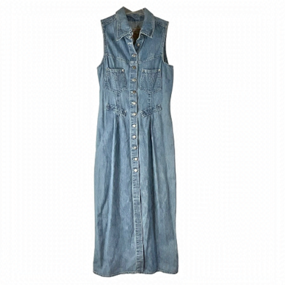 Vintage Denim Sleeveless Maxi Dress Jeans Button Down Fitted Size M